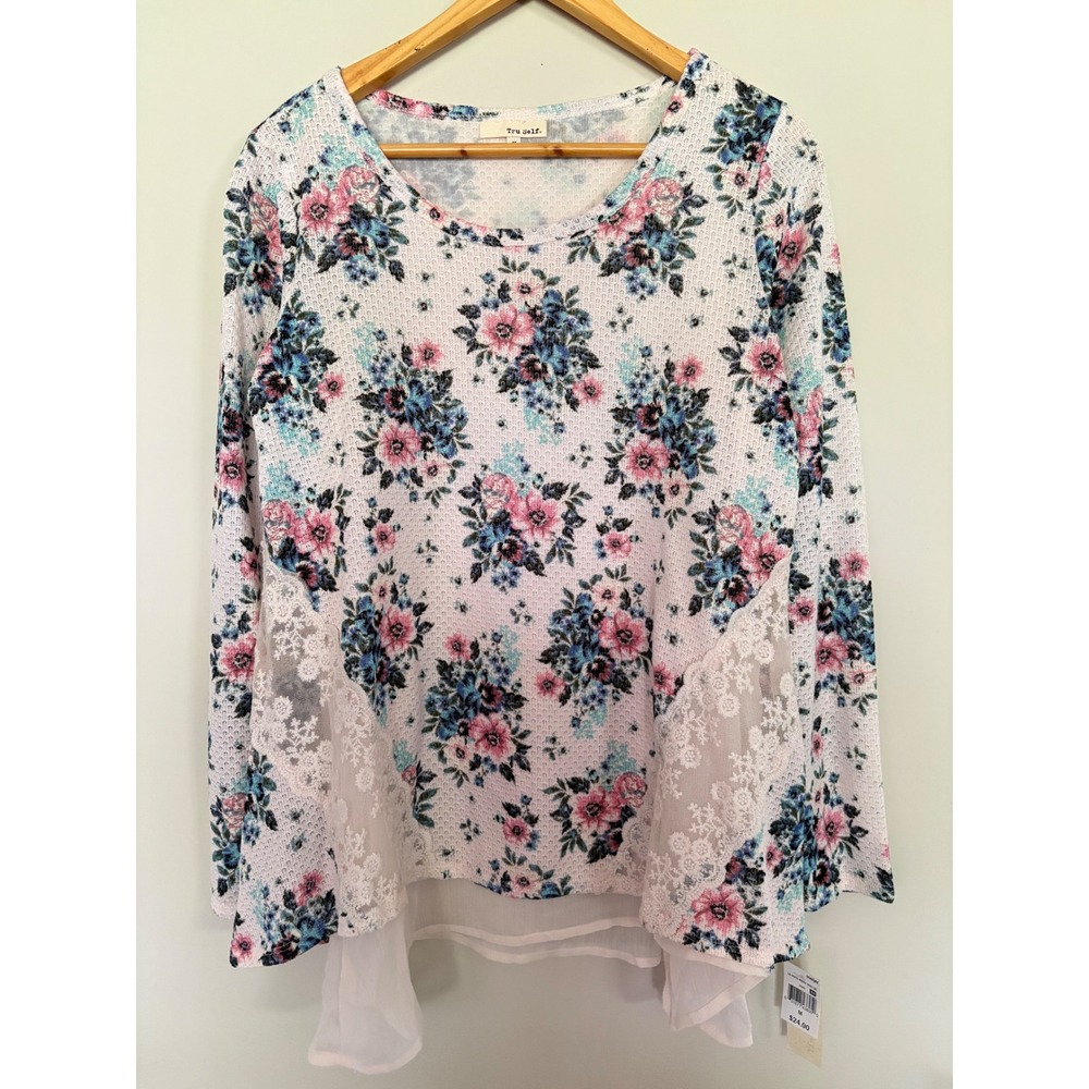 Tru Self Womens Floral Waffle Knit Top Lace Chiffon Trim Pink Blue Size M NEW